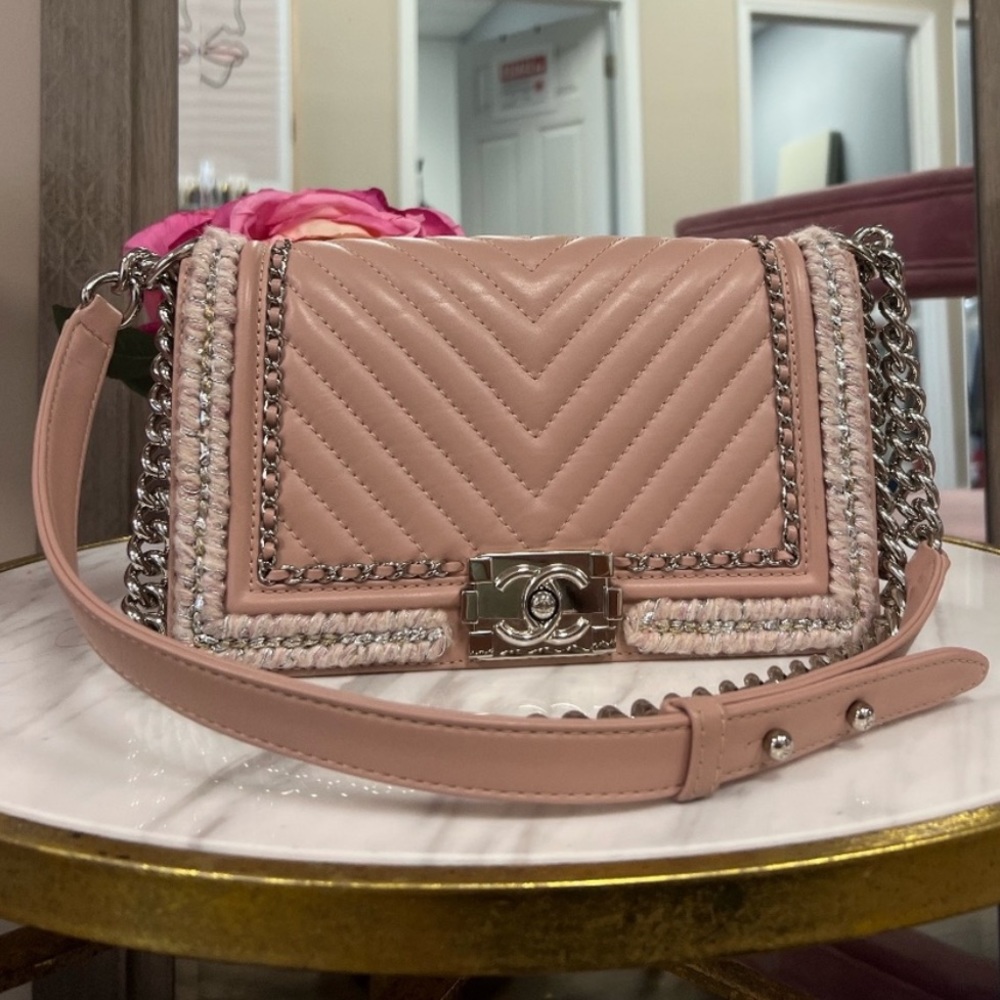 Authentic Chanel blush pink medium chevron boy bag w silver hardware ASO celebs!